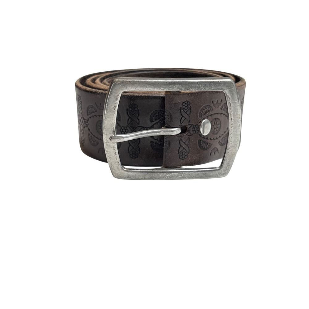 Vintage Fossil Brown Leather‎ Embossed Belt Size 38 Made in USA Boho Western